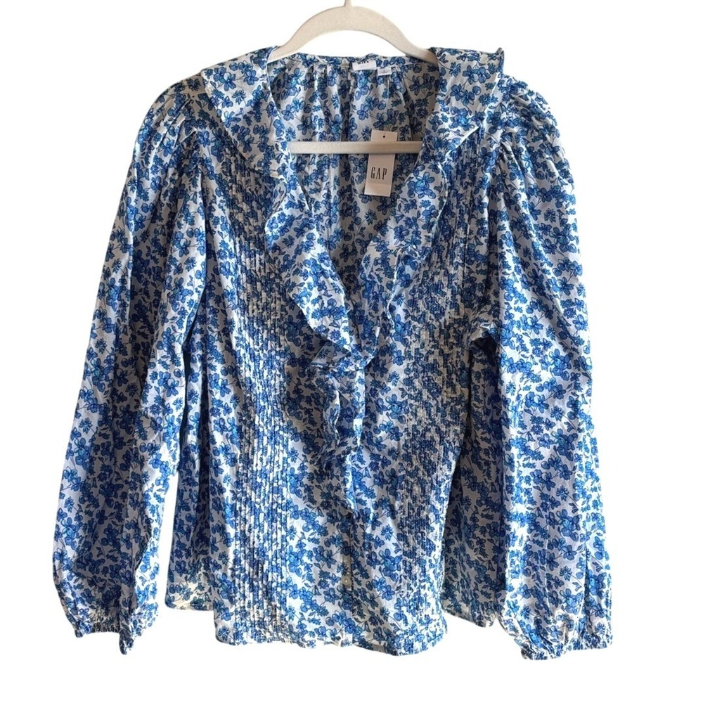 GAP Blouse White Blue Women L Floral Ruffle V-Neck Puff Sleeve Cotton NEW